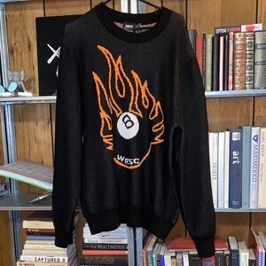 🆕 WeSC Black Knit Crewneck Sweater Fire 8 Ball 🎱 very heavyweight size XL